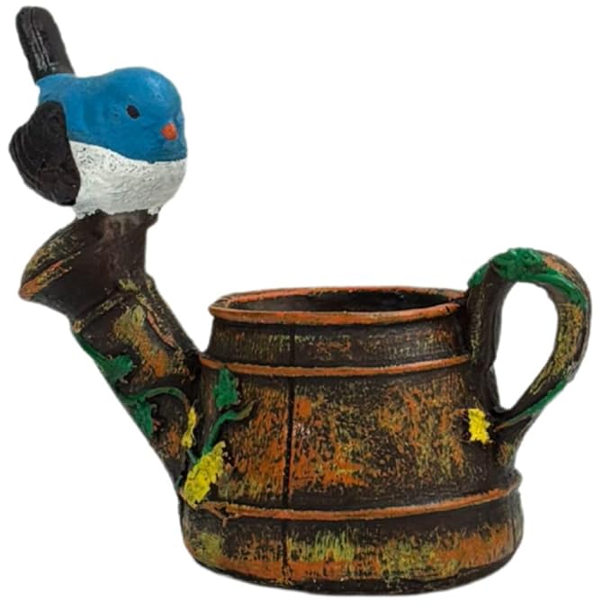 Wonderland Rustic Watering Can Miniature Planter with Blue Bird Figurine | Vintage Style Decor