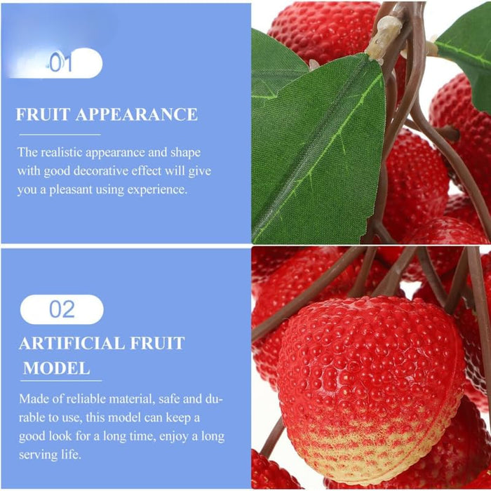 Set of 2 Artificial Lychee Fruit Bunches - Realistic Red Faux Tropical Fruit with Leaves for Home Decor, Kitchen Displays, and Photography Props