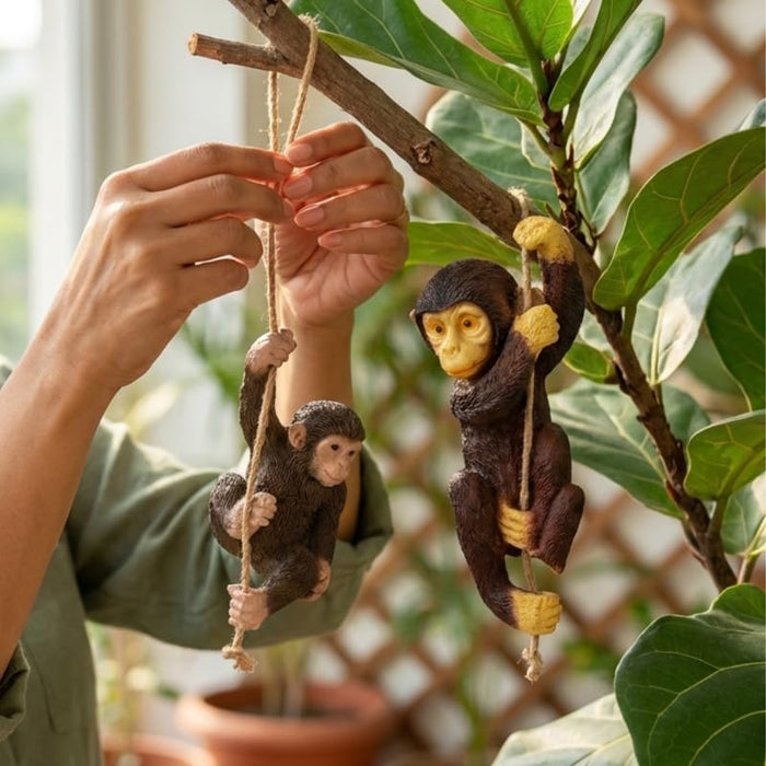 Wonderland  Set of 2 Hanging Monkey Garden Statues – Realistic Climbing Baby Monkey Tree Sculptures with Jute Rope for Outdoor Décor and Jungle Nursery-1.8x2.1x9inch- 6.5x6.6x4.8inch
