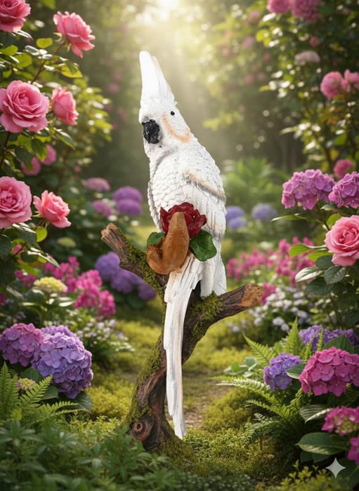Wonderland Elegant White Parrot Garden Statue on Perch with Rose Accent | Figurine for Garden & Home decor