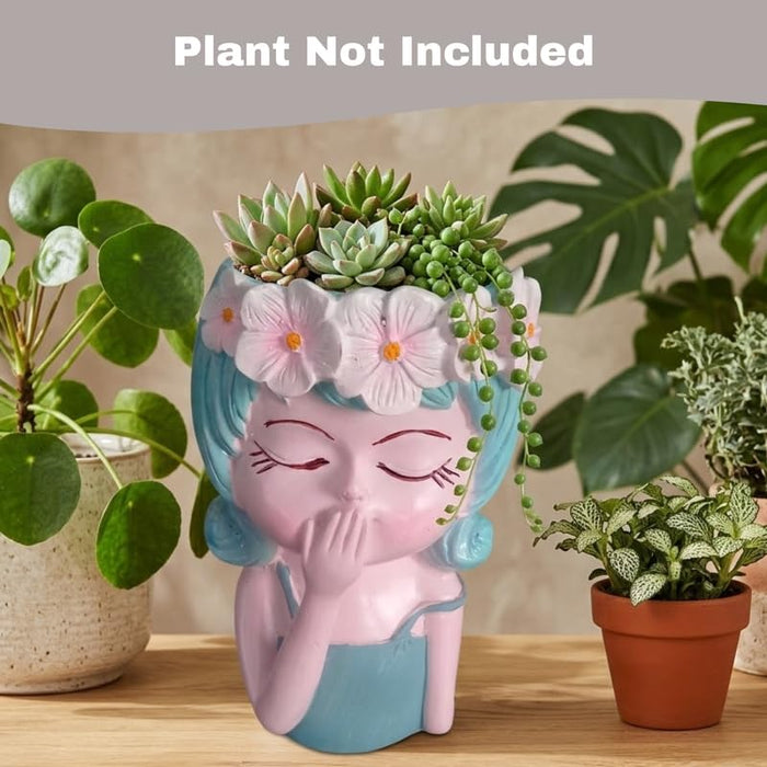 Wonderland Whimsical 6 Inch Girl" Resin Planter – Decorative Flower Crown Head Pot for Indoor Plants, Cute Hand-Painted Face Vase for Home & Office Décor- 3.5x2.5x6 inch(Plant Not Included)