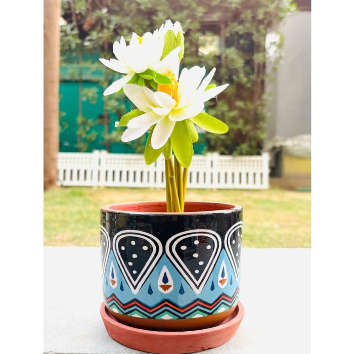 Wonderland Hand-Painted Terracotta Planter -Warli Art Design in Black & Blue (4-inch)| Pots for Indoor & Outdoor Décor