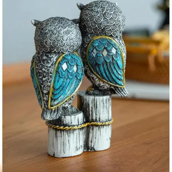 Handcrafted Dual Owl Figurine on Rustic Perch – Intricate Teal and Silver Decorative Bird Statue for Home, Office, and Bookshelf Décor 4.3x2.16x6.29 inch