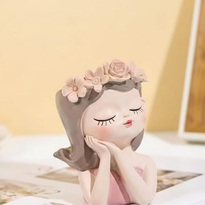 4 Inch Dream Girl Succulent Planter – Decorative Resin Head Pot for Indoor Plants, Cute Female Face Vase with Flower Crown for Home & Office Decor- Plant Not Included