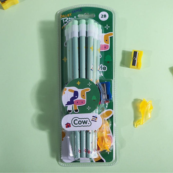 Wonderland 2b Pencil with Eraser Pen Grip Holder 12pcs card Stationery Set | Cute Kids Pencil Eraser Set in Green| cow design