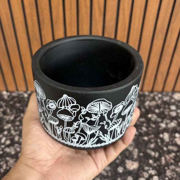 Terracotta Pot - Mushroom Forest Print - Whimsical Plant Pot - For Indoor/Outdoor Decor, For Plants, Flowers, And Herbs Black