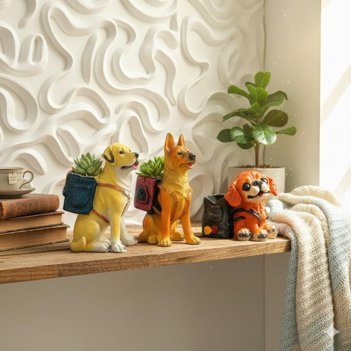 Wonderland set of 3 Dog Planter / Desk Organizer with Backpack - Cute Resin Puppy Decor
