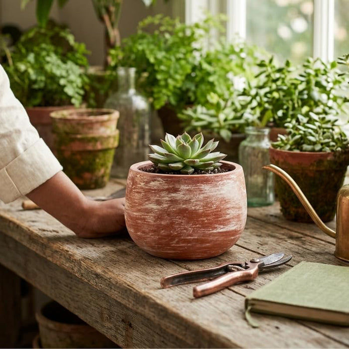 Handcrafted Rustic Terracotta Planter – Distressed Whitewash Clay Pot for Indoor & Outdoor Plants – Small Round Succulent & Cactus Container