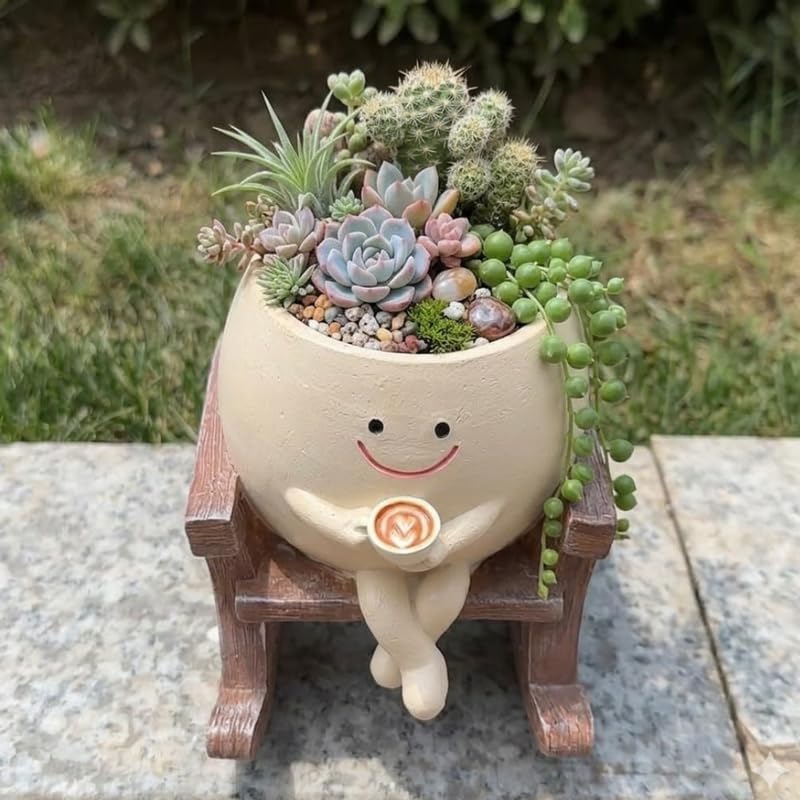 Whimsical Smiling Sitting Rocking Chair Planter – Cute Face Flower Pot with Coffee Cup Material- Resin
