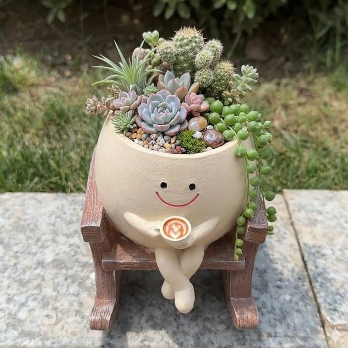 Wonderland Whimsical Smiling Sitting Rocking Chair Planter – Cute Face Flower Pot with Coffee Cup Accent for Succulents and Small Plants-