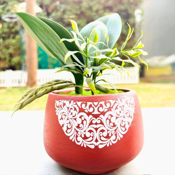 Wonderland Elegant Terracotta Planter | Brown with Intricate Handpainted White Art  Design for Indoor/Outdoor Decor