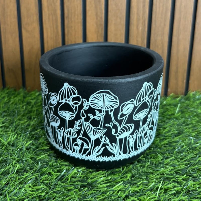 Terracotta Pot - Mushroom Forest Print - Whimsical Plant Pot - For Indoor/Outdoor Decor, For Plants, Flowers, And Herbs Black