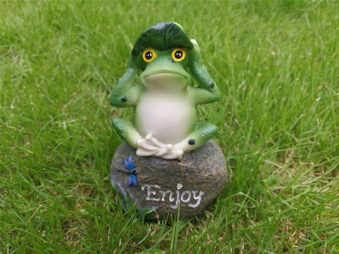 Wonderland 3-Piece Zen Frog Garden Statues - Whimsical Resin Figurines Sitting on Stones Engraved with "Peace," "Enjoy," and "Hope" - Outdoor/Indoor Decor Set