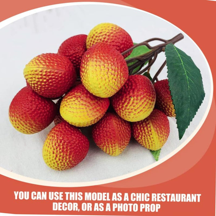 Set of 2 Artificial Lychee Fruit Bunches - Realistic Red Faux Tropical Fruit with Leaves for Home Decor, Kitchen Displays, and Photography Props