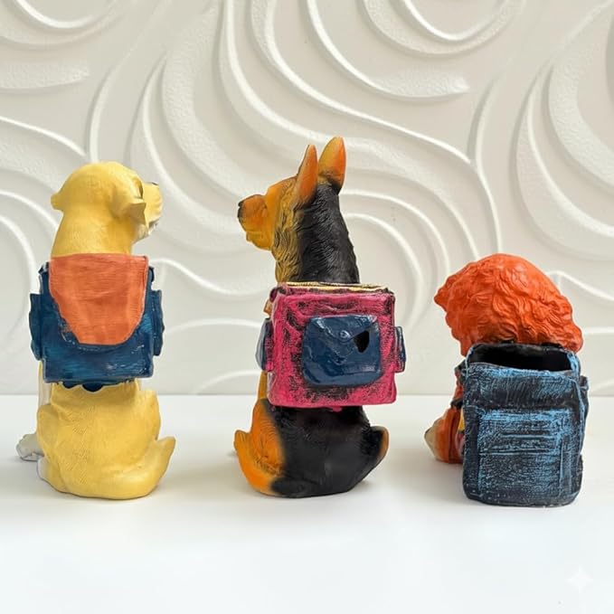 Wonderland set of 3 Dog Planter / Desk Organizer with Backpack - Cute Resin Puppy Decor