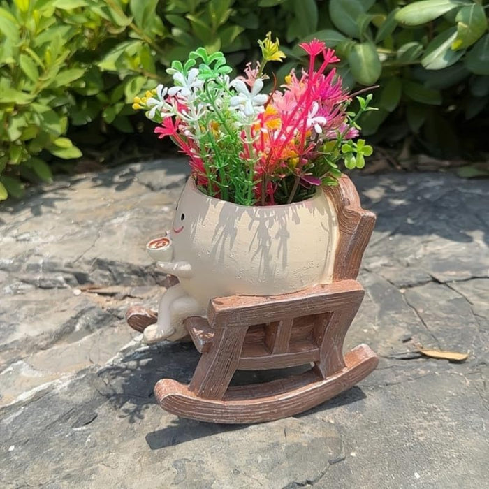 Wonderland Whimsical Smiling Sitting Rocking Chair Planter – Cute Face Flower Pot with Coffee Cup Accent for Succulents and Small Plants-