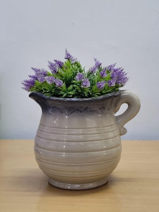 Ceramic Pitcher Planter with Artificial Purple Lavender Flowers for Home Decor