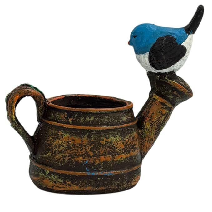 Wonderland Rustic Watering Can Miniature Planter with Blue Bird Figurine | Vintage Style Decor
