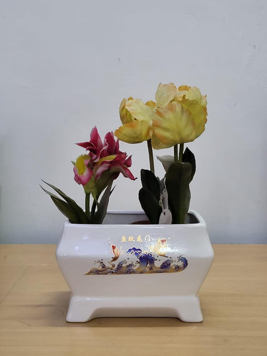White Ceramic Planter Rectangular Pot for Indoor Plants and Bonsai (Plants Are Not Included)
