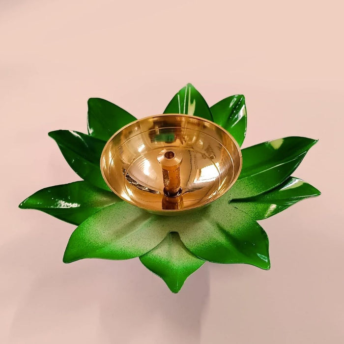 Wonderland pink and green lotus shape brass diya| Festive Home Décor- set of 2