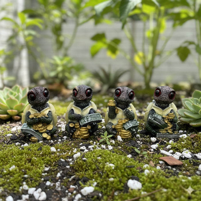 Wonderland Set of 4 Quirky "Wealth & Prosperity" Turtle Figurines – Detailed Lucky Money Tortoise Statues for Desk, Office, and Home Décor