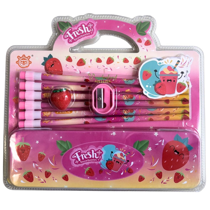 Themed Stationery Set – Includes Pencil Case, Pencils, Eraser, and Sharpener - pink colour
