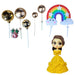 Princess doll cake topper set with yellow gown, brown hair, rainbow, and gold spherical decorations in clear plastic packaging.