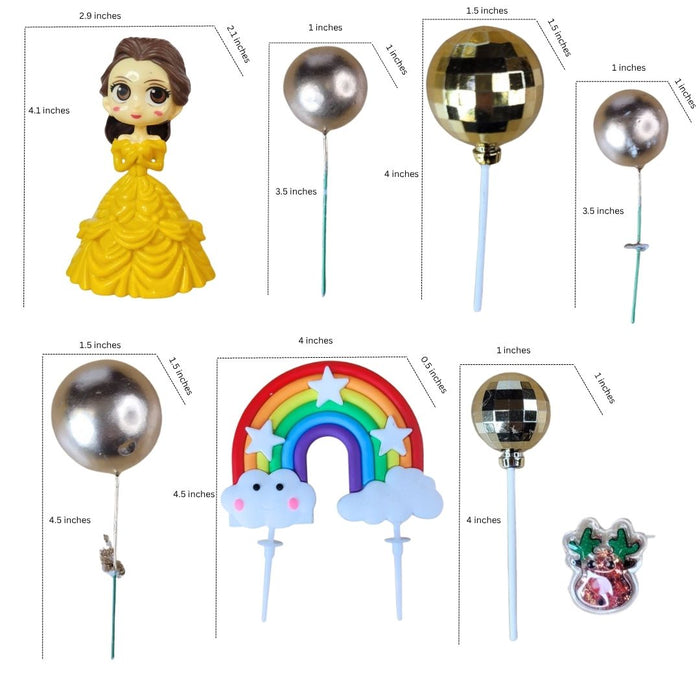 Wonderland Princess Cake Topper Set for Birthday Party - Yellow Gown Doll, Rainbow, Gold Balloons - Cute Reusable Decoration for Girls, Kids