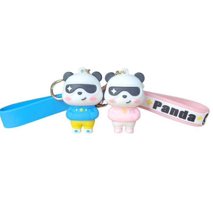 Wonderland Kawaii style ( set of 2) Cool Panda Couple Keychain with Sunglasses – Cute Cartoon Keyring with Wrist Strap