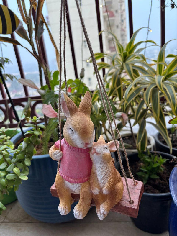 Hanging Garden Bunny Mother and Baby Duo on Swing – Whimsical Rabbit Statue