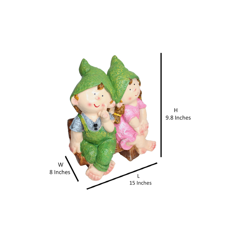 Wonderland Resin Two Elves sitting on Bench 1 (Green & Pink)|Adorable Kids Sculpture for balcony and home décor
