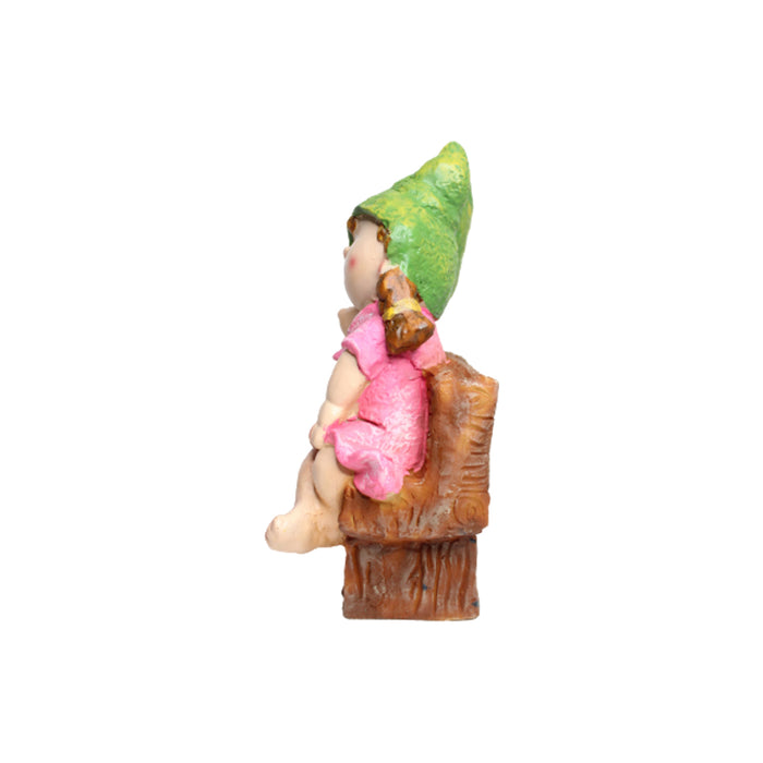 Wonderland Resin Two Elves sitting on Bench 1 (Green & Pink)|Adorable Kids Sculpture for balcony and home décor