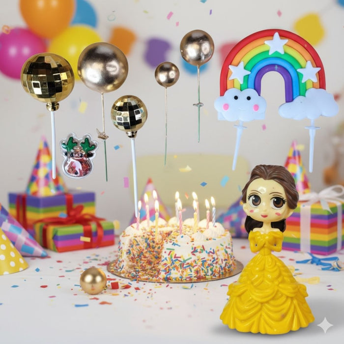 Wonderland Princess Cake Topper Set for Birthday Party - Yellow Gown Doll, Rainbow, Gold Balloons - Cute Reusable Decoration for Girls, Kids