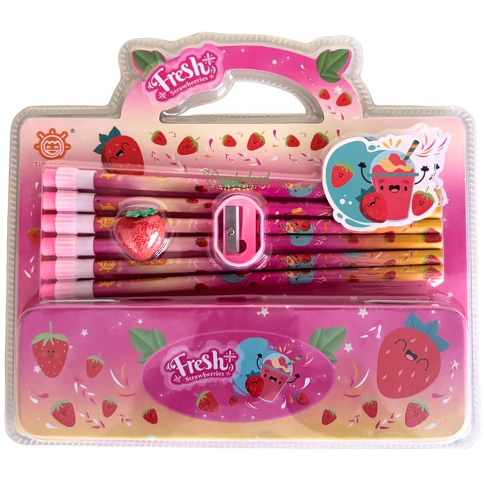 Themed Stationery Set – Includes Pencil Case, Pencils, Eraser, and Sharpener - pink colour