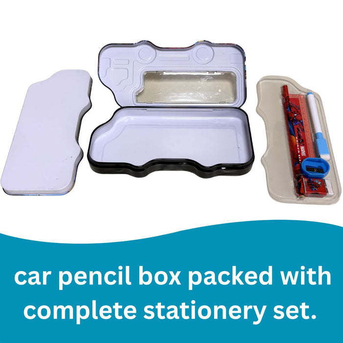 Kids’ Bus-Shaped Metal Pencil Box Stationery Set – Includes Pencil, Sharpener, Eraser, Ruler and 1 sketchpen 8x4x1.5inch