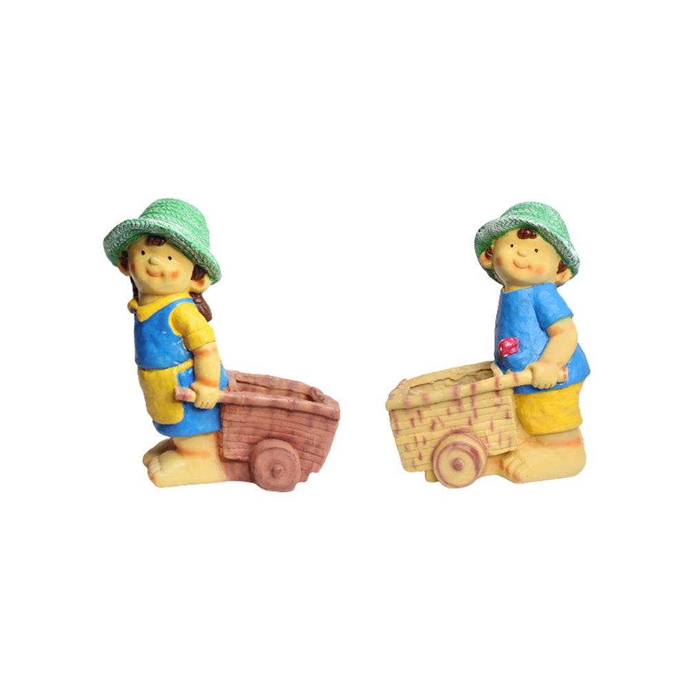 Resin Boy & Girl Pushing Cart Planter Pot for garden decor