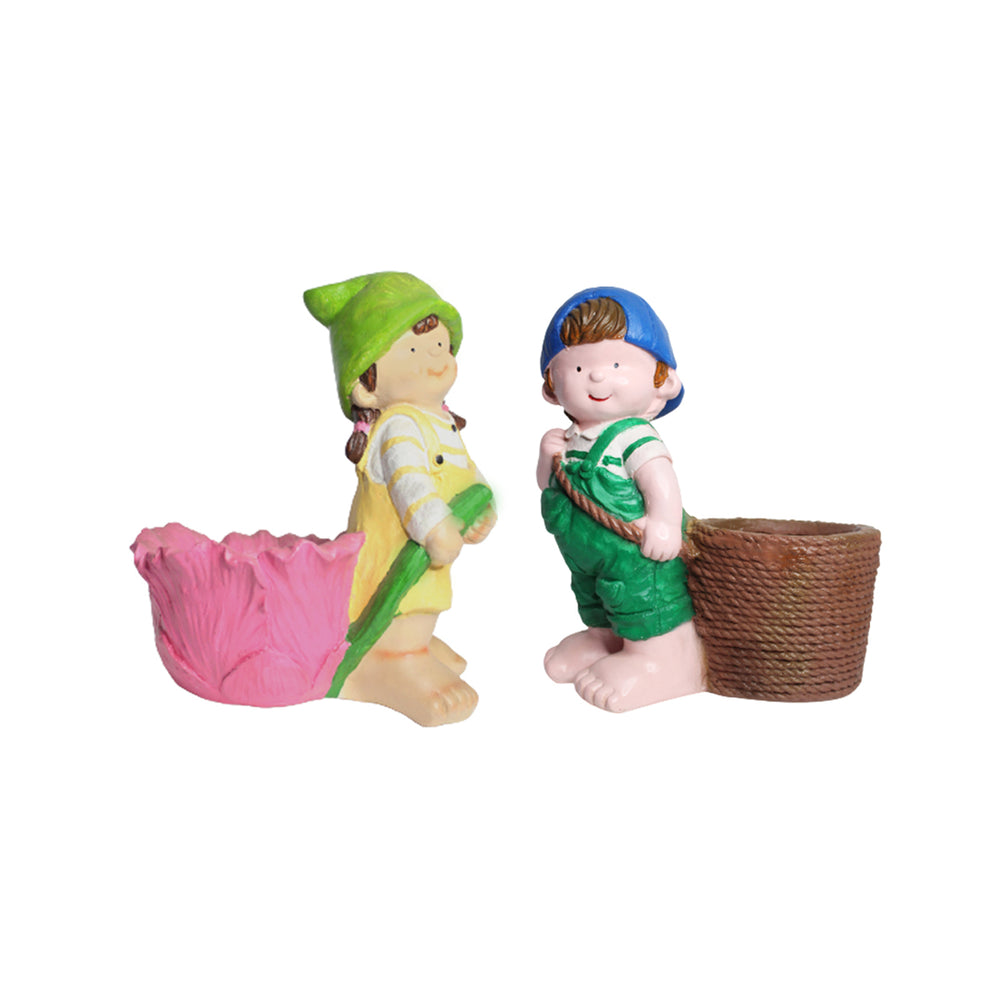 (Set of 2)  Standing Girl & Boy Planter for Home and Garden Decor