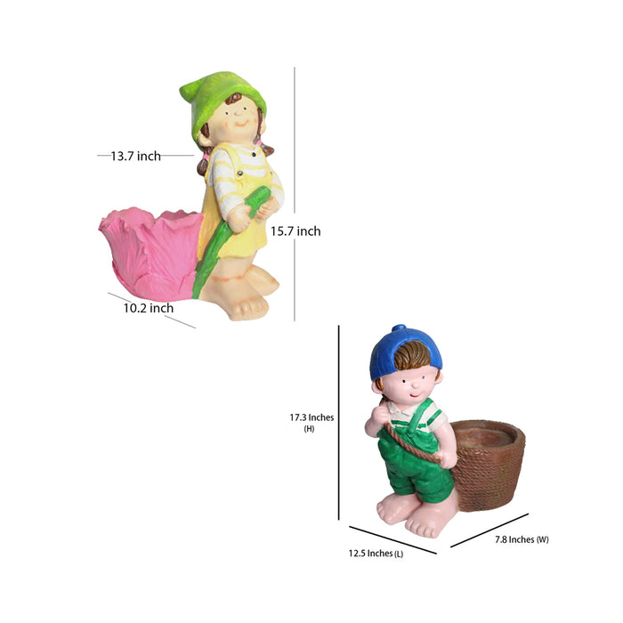 (Set of 2)  Standing Girl & Boy Planter for Home and Garden Decor