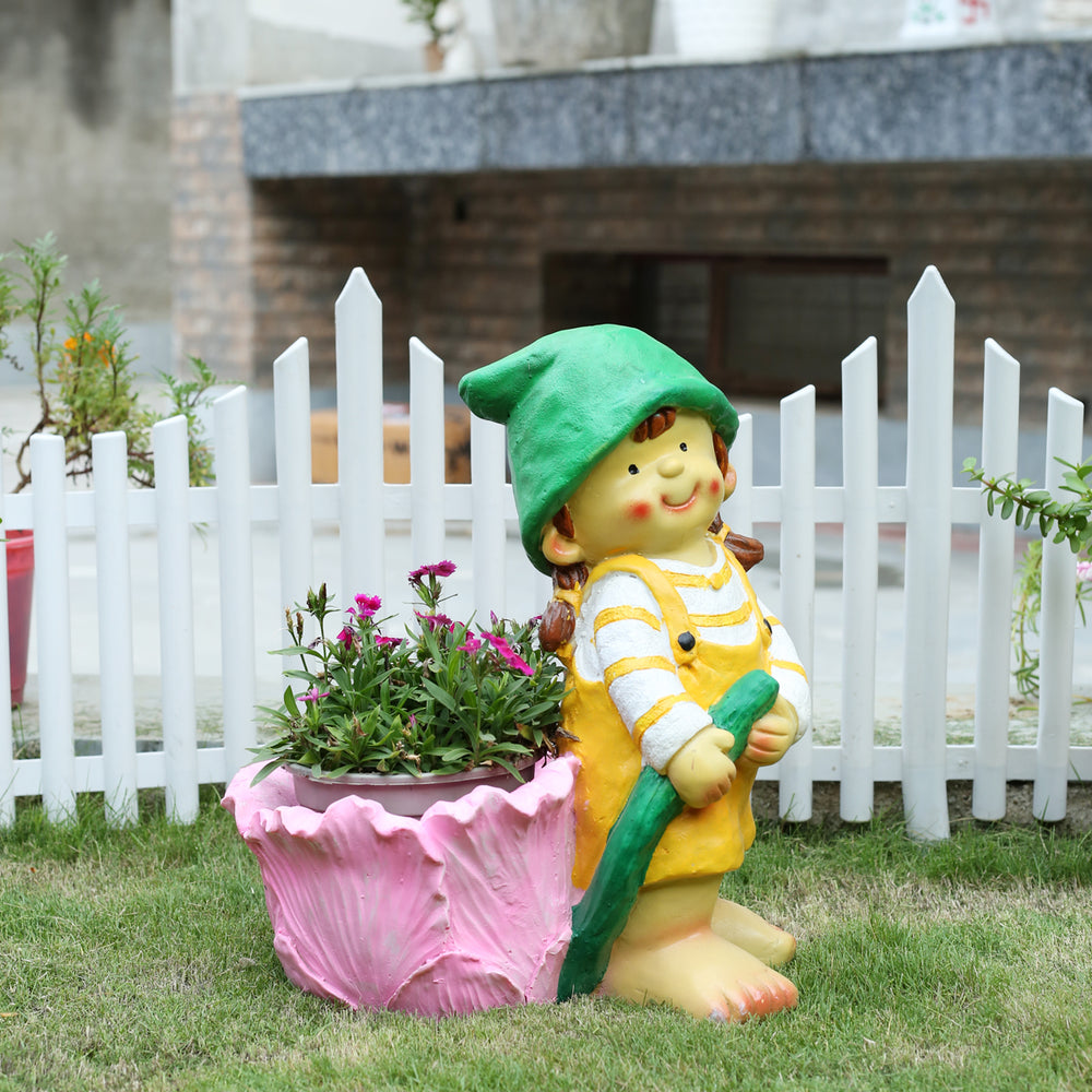 Standing Girl Statue with Flower Pot for Garden Decoration