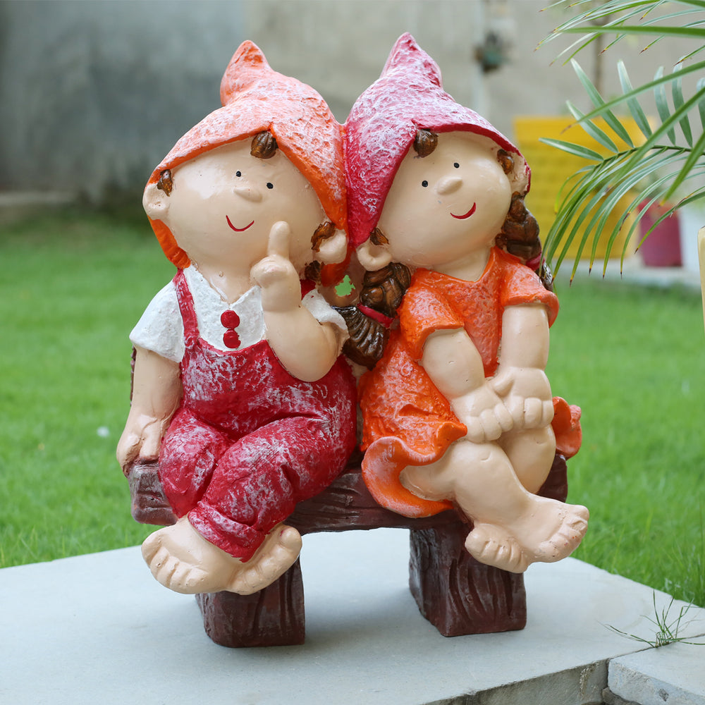 Wonderland Two Elves sitting on Bench 2 (Red & Orange)|Charming Children's Sculpture for Balcony and Home Decoration
