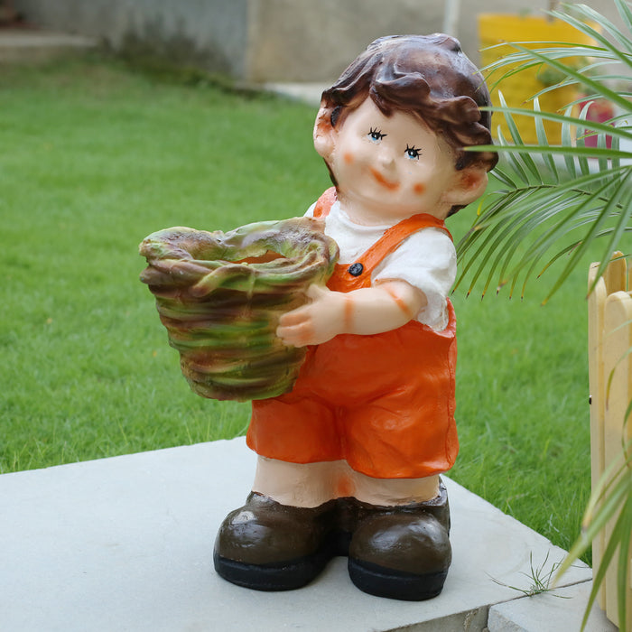 Wonderland Boy Holding Basket Planter (Orange) | Resin Garden pots| Can grow real Plants