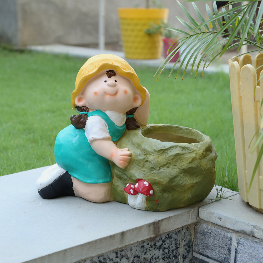 Wonderland Stone Planter Girl (Seagreen)| Outdoor garden planters