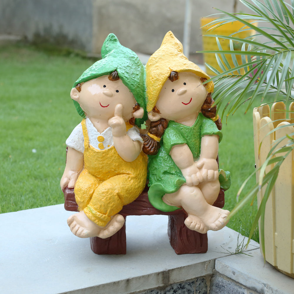 Wonderland Two Elves sitting on Bench 3 (Yellow & Green)|  Sculpture of Children for Home and Balcony Decoration