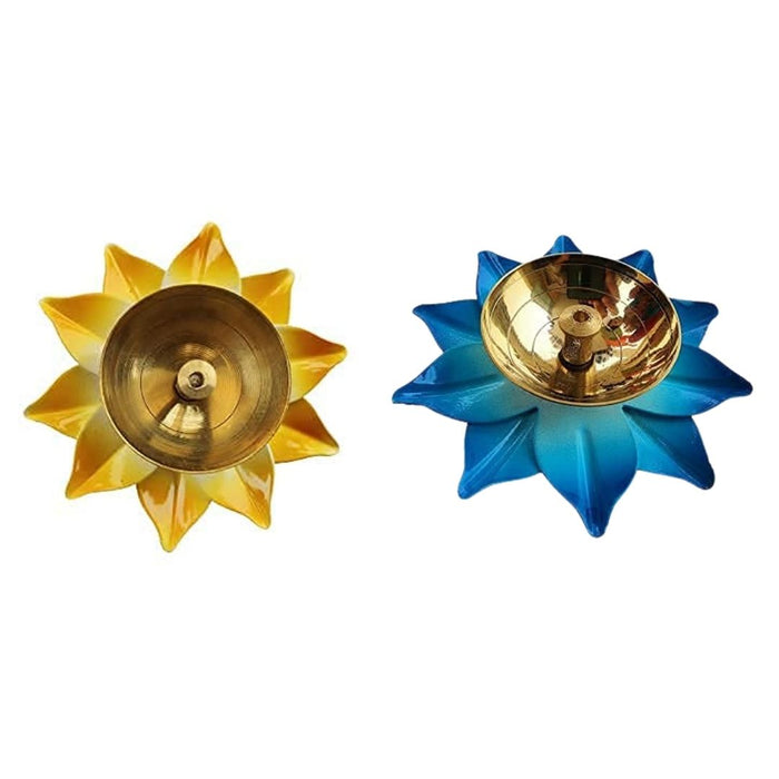 Wonderland yellow and blue lotus shape brass diya| Diwali Festive décor| set of 2