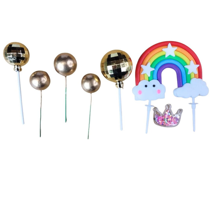 Wonderland Mermaid & Rainbow Cake Topper Set with Disco Ball and Gold Sphere Accents|Kawaii Girl Figurine, Rainbow, Clouds, Gold Balloon Balls - Birthday Party Supplies & Decorations for Girls Kids