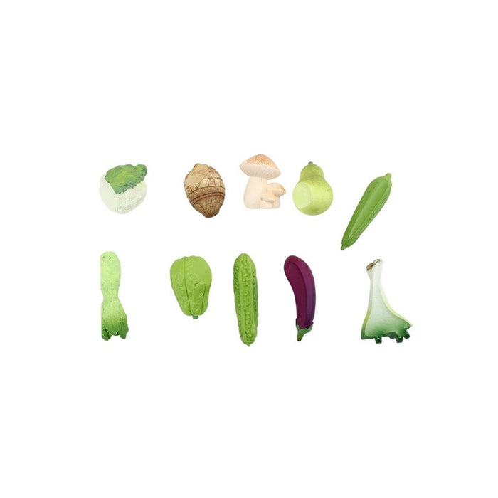 A mix of exotic fruit  and various dessert miniatures, featuring bright, contrasting colors.