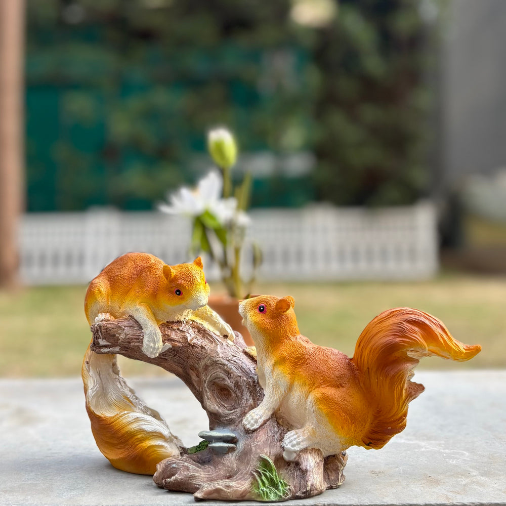 Resin Squirrel Figurine on Log - Small Outdoor/Indoor Garden Statue Decoration