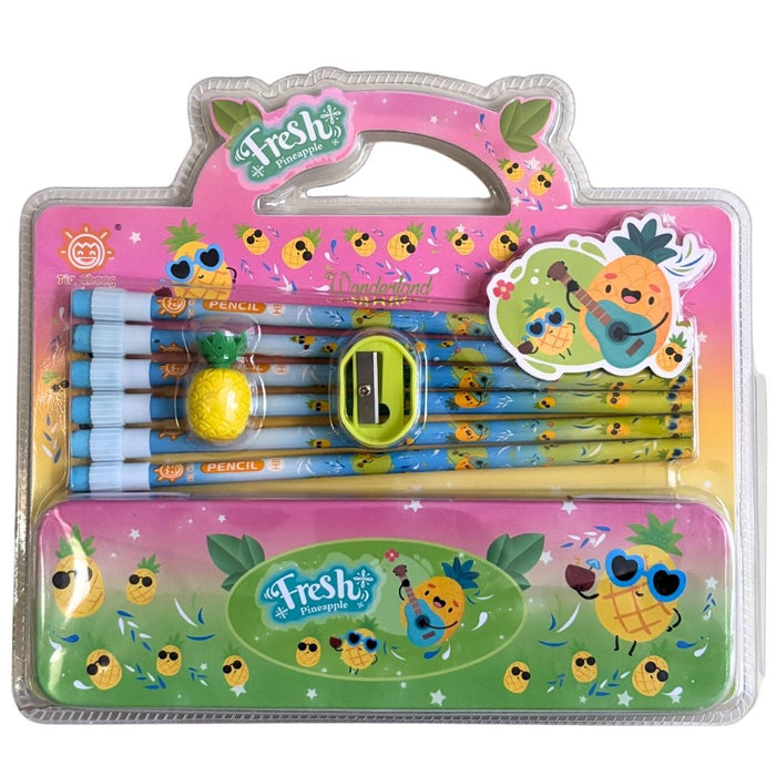 Fruit-Themed Stationery Gift Set – Includes Pencil Case, Pencils, Eraser, and Sharpener - Green colour