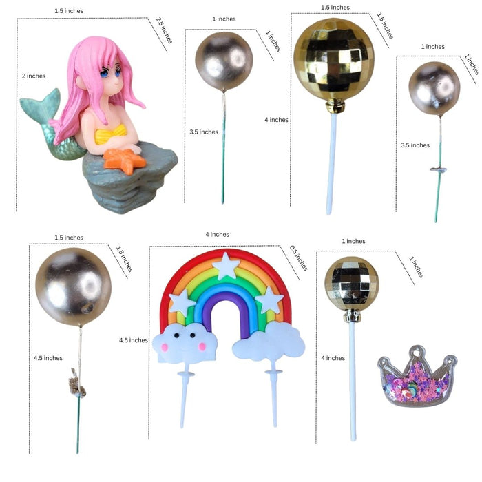 Wonderland Mermaid & Rainbow Cake Topper Set with Disco Ball and Gold Sphere Accents|Kawaii Girl Figurine, Rainbow, Clouds, Gold Balloon Balls - Birthday Party Supplies & Decorations for Girls Kids
