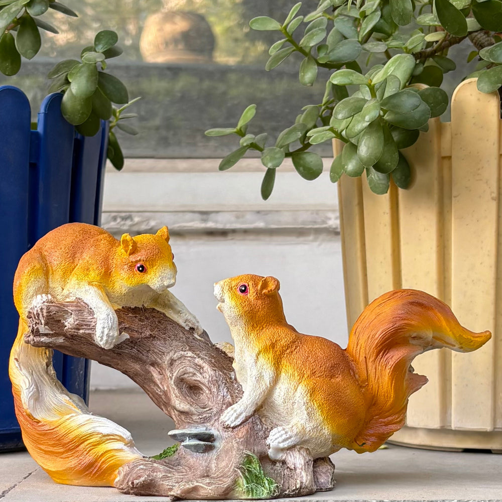 Resin Squirrel Figurine on Log - Small Outdoor/Indoor Garden Statue Decoration